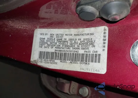 1997 Toyota Corolla Dx из США, поврежденный, VIN 1NXBB02E2VZ601840